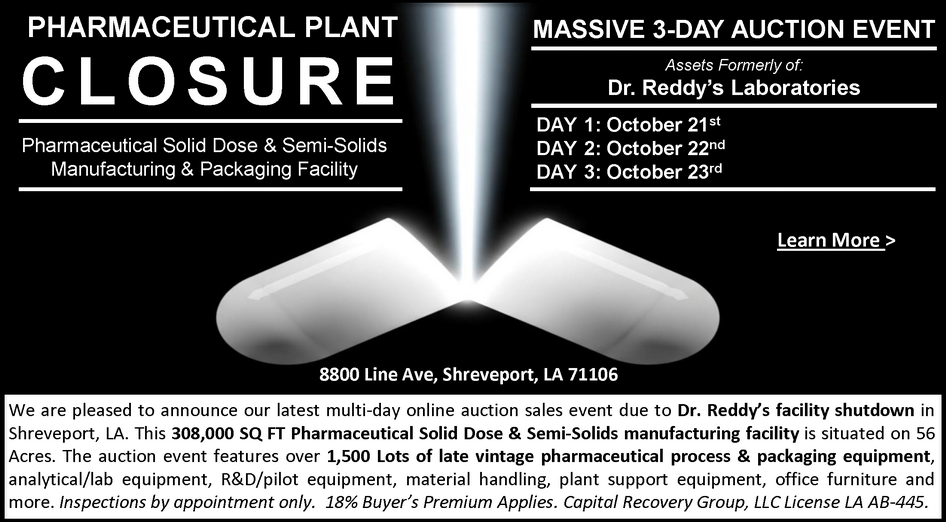  MASSIVE 3-DAY ONLINE AUCTION - Assets Formerly of Dr. Reddy's Laboratories - Shreveport, LA 
